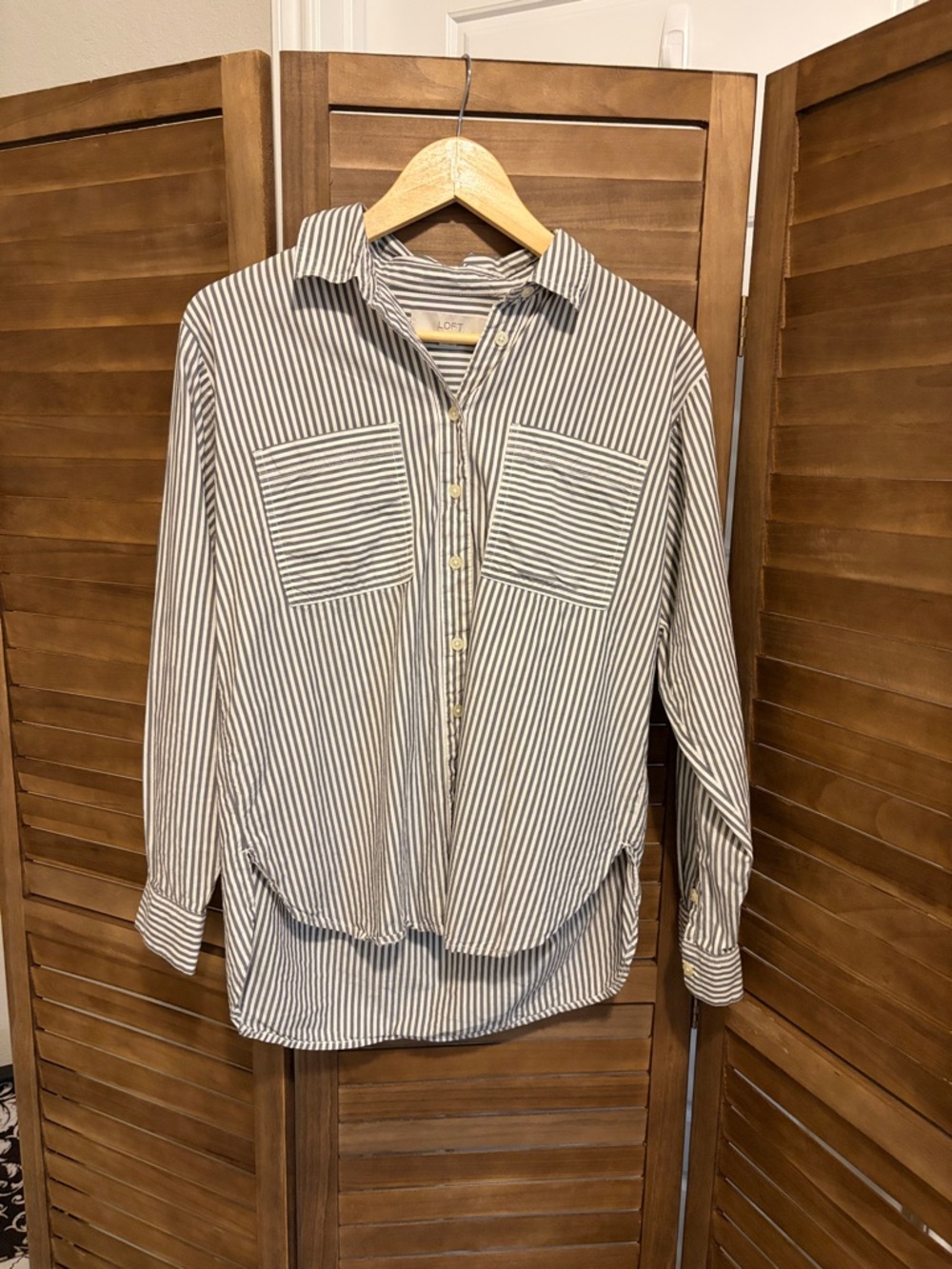 LOFT Striped Button-Down Shirt in White and Gray